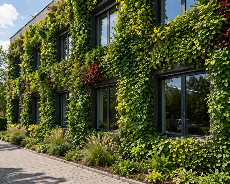 Fassadenbegrünung: berankte Fassade eines Bürogebäudes