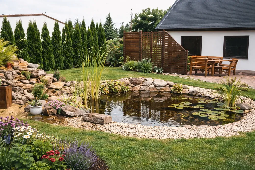 Gartengestaltung: Hausgarten mit angelegtem Gartenteich und Terrasse
