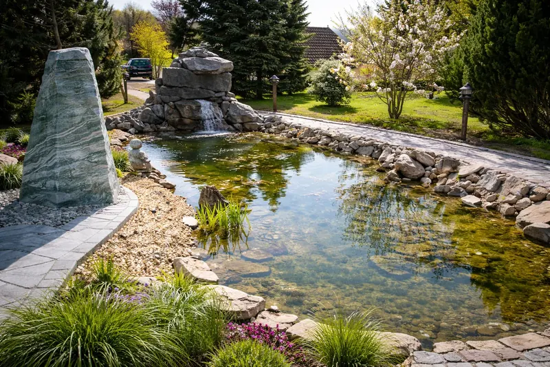Teichbau: Naturteich mit Quellstein im Garten